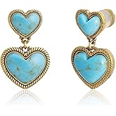 Wrangler Western Turquoise Heart Dangle Earrings for Women Statement Gold Plated Affection Cowgirl Drops Jewelry
