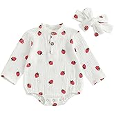 Durveency Infant Newborn Baby Girl Fall Winter Outfit Long Sleeve Romper Strawberry Print Bodysuit Cotton Linen Clothes