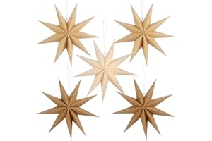 BestoFun 12 Inches 5 PCS Brown Paper Star Lanterns Hanging Khaki Stars Christmas Party Decorations Hanging Beige Lampshade Christmas Wedding Birthday Christmas Home Party Decorations (9 Pointed)