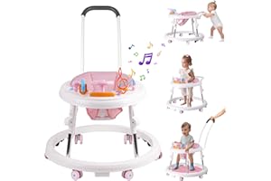 ERMEIRABBIT Baby Walker, Activity Center with Feeding Tray & Music, 9-Gear Height Adjustable Foldable Baby Walker for Boys and Girls from 6-18 Months with Push Handle, Footrest, Mute Wheels Anti-Rollover