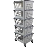 Farmoon 5 Pack Plastic Stackable Storage Baskets, Grey Wheeled Storage Rack