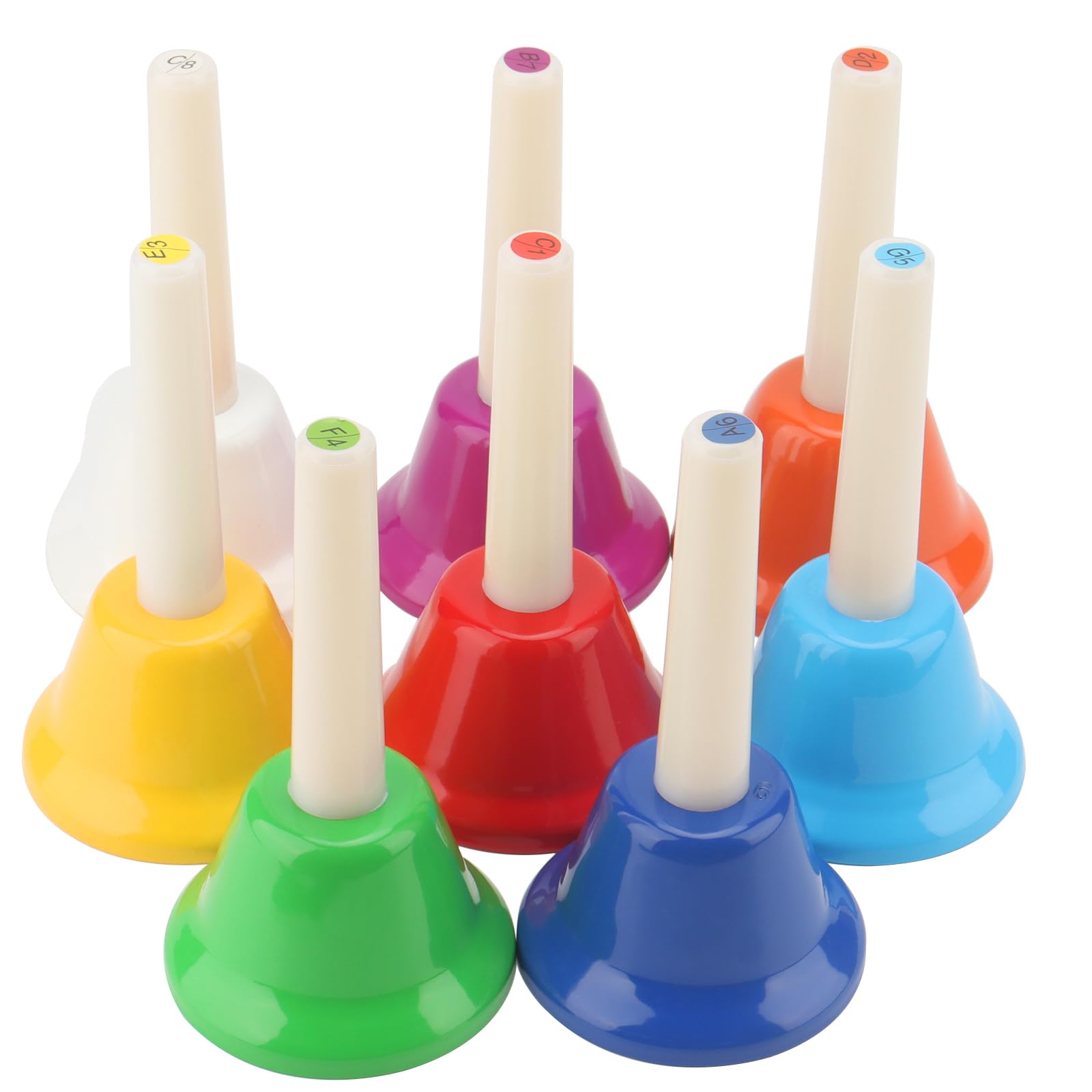 MOUYAT Hand Bells Set, 8 Colourful Metal Bells with Plastic Handles for Learning, Celebrations, and Family Fun, Ideal for Musicians, Performers, and Sound Enthusiasts
