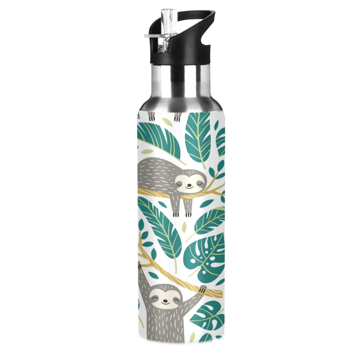 ALAZA Stainless Steel Water Bottle with Straw, Cute Sloths And Tropical Palm Leaves Insulated Drink Flask Sports Water Bottle for Kids Adults, Leakproof, 600ml