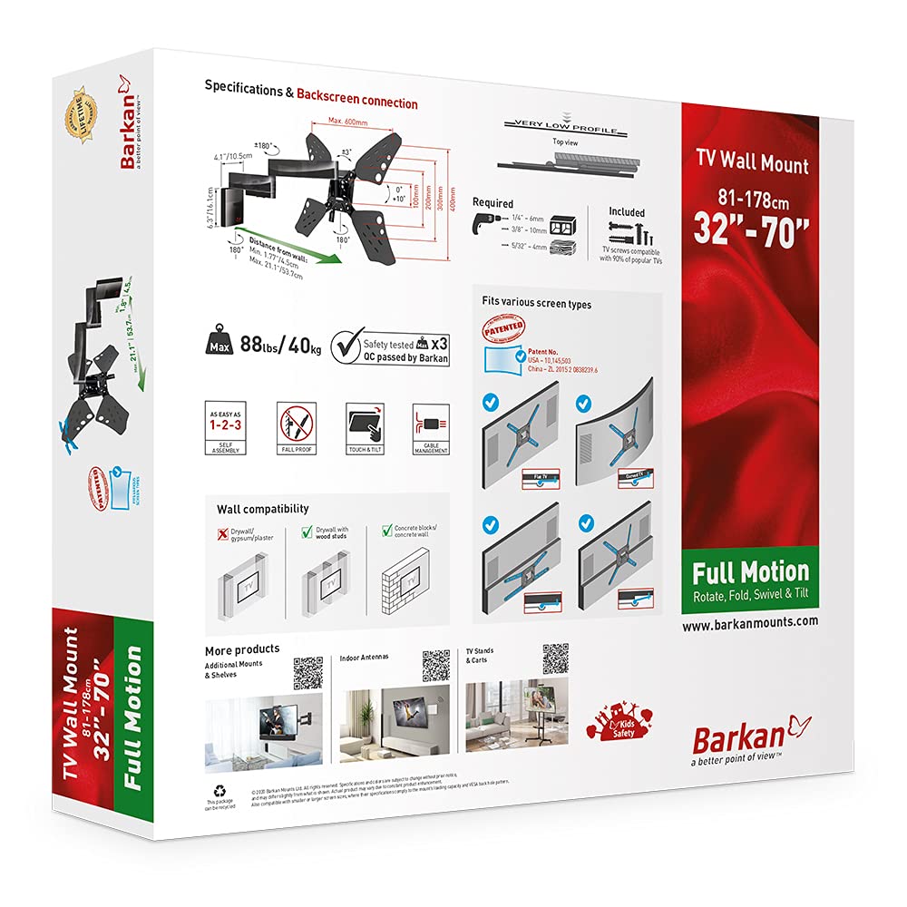 Barkan TV Wall Mount, 32-70 inch Full Motion Articulating - 4 Movement Flat/Curved Screen Bracket, Very Low Profile, Holds up to 88 lbs, Lifetime Limited Warranty, UL Listed, Fits LED OLED LCD
