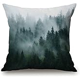 Throw Pillow Cover Misty Forest, Pillow Cover 18"x18" Nature Pine Trees Scenic Foggy Mountain Cool Woodsy Landscape Woodland Room Decor for Living Room Couch Cushion Bed Indoor Outdoor Home Decor