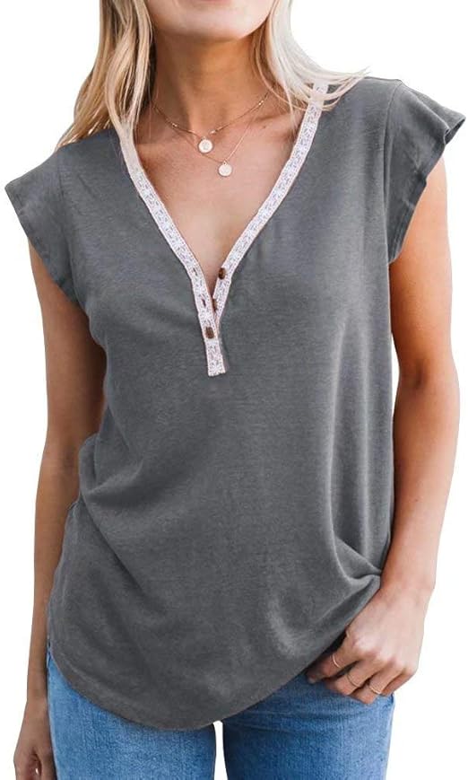 Amazon Dressmine レディース 夏 Vネック タンクトップ ヘンリー 半袖 シャツ ブラウス Us サイズ Medium カラー グレー シャツ ブラウス 通販