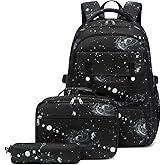 Mildame Galaxy Backpack for Boys with Lunch Box Set, 3Pcs Boys Bookbag for Elementary, 3 in 1 Teens Space Printed School Bag
