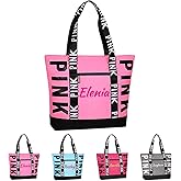 Zloris Personalized Pink Tote Bag Waterproof Travel Tote Bags for Women Large Beach Bag with Embroidered Name 17.3 * 4.3 * 13.8 IN
