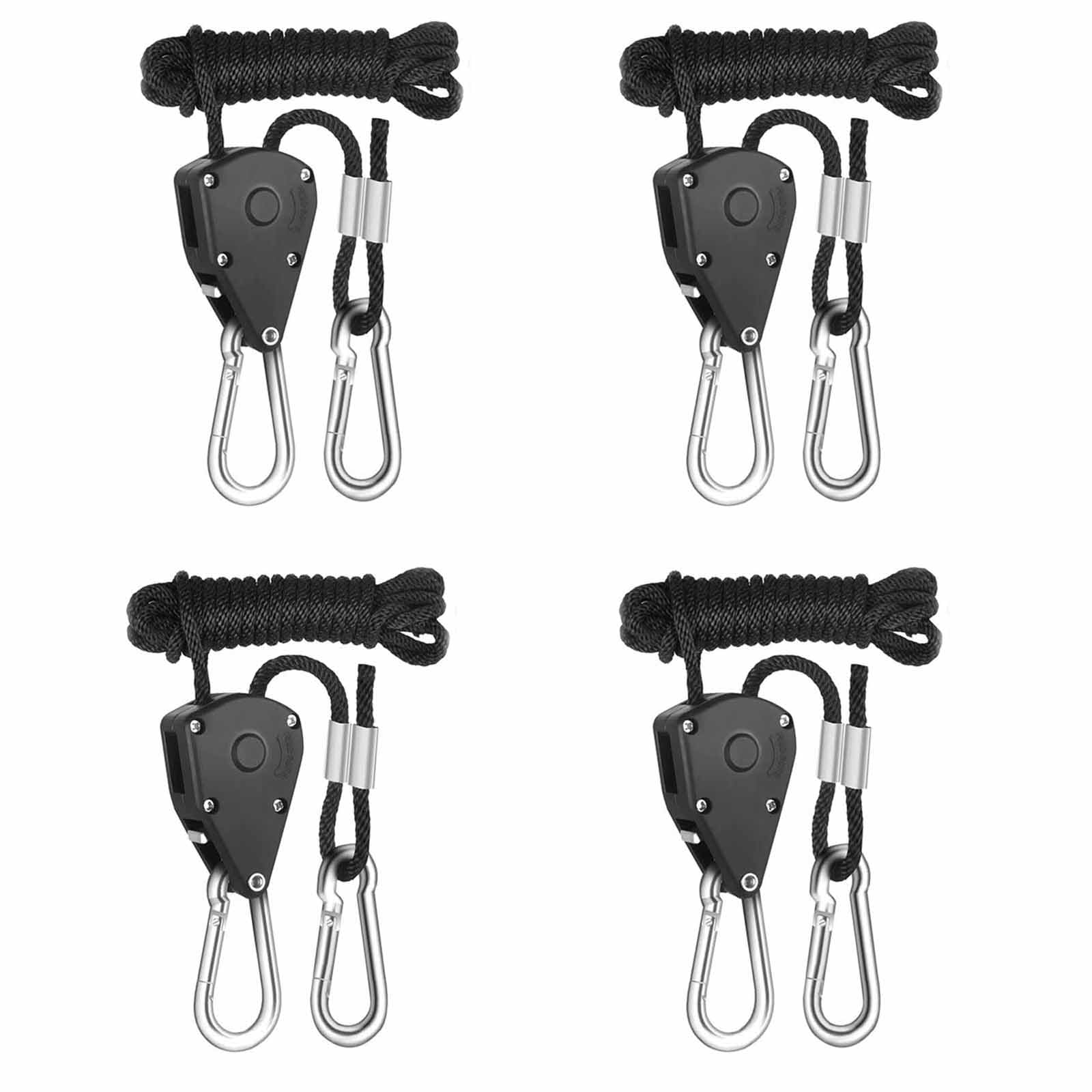 4 Pack Ratchet Hanger, Adjustable Ratchet Hanger Rope, 1/8 Inch, Heavy Duty Pulley Clip for Grow Light Hangers and Tent Hangers, Load Capacity 68kg/150lbs