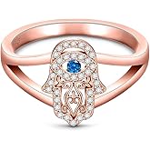 Hamsa Evil Eye Ring for Women Sterling Silver Hand of Fatima Ring Rose Gold Good Luck Protection Spiritual Nazar Amulet Blue Zircon Third Eye Jewelry Christmas Gifts