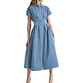 Women's Summer Denim Shirt Dress Lapel V Neck Short Sleeve Midi Jean Dress Button Down Long Dresses