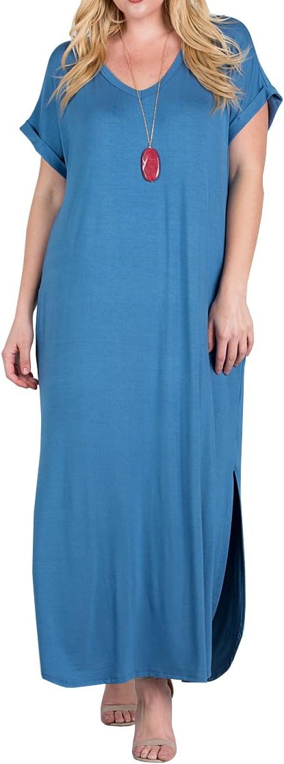 Women's Plus Size Maxi Dresses Short Sleeve Casual Summer Split T Shirt Long Dress with Pockets