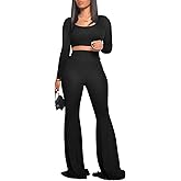 Two Piece Outfits for Women Sexy Crop Top + Flared Long Pants Sweat Suits Ribbed Fitted Tracksuits Yoga Set