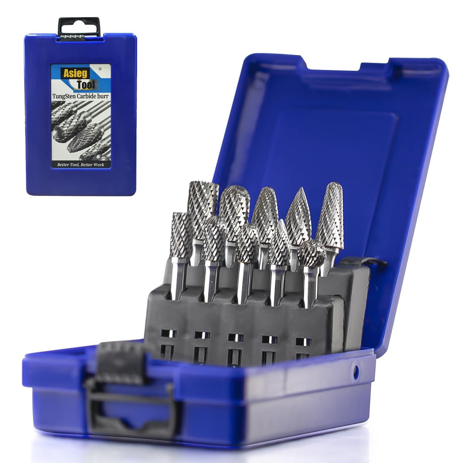 Photo 1 of 10pcs Carbide Burrs Set with 1/4'' Shank Double Cut Solid Power Tools Tungsten Carbide Rotary Files Bits for Die Grinder Metal Wood Carving Engraving Polishing Drilling Grinding Milling Cutting