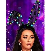 Foyte Black Bunny Ears Headband Light Up Lace Rabbit Headpiece Glowing Fluffy Headbands Long Ears Hair Accessories for Women Masquerade