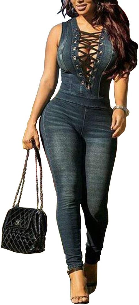 GADOTBOUTIQUE Women's Sexy Lace-Up Deep V Neck Sleeveless Denim Jeans Jumpsuit Rompers Overalls