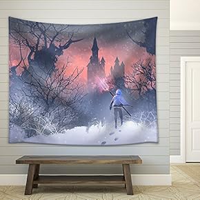Illustration - Knight with Trident in Winter Landscape,Illustration Painting - Fabric Wall Tapestry Home Decor - 51x60 inches