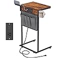 Evermagin C Shaped End Table with Charging Station, Small TV Tray with Cup Holder and Phone Holder, Couch Side Tables that Slide Under with Storage Bag for Sofa, Recliner, Rustic Brown