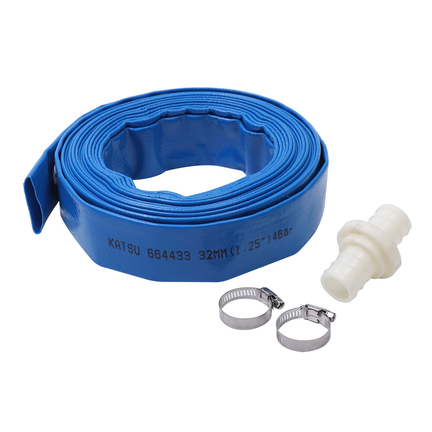 KATSU Layflat Discharge Hose Pipe 10m x 32mm 1-1/4 Inch Diameter with 2 Clips and Quick Coupler Connector, Fits Submersible & Other Water Pumps for Draining Pond, Garden Irrigation, Hot Tub, Pool
