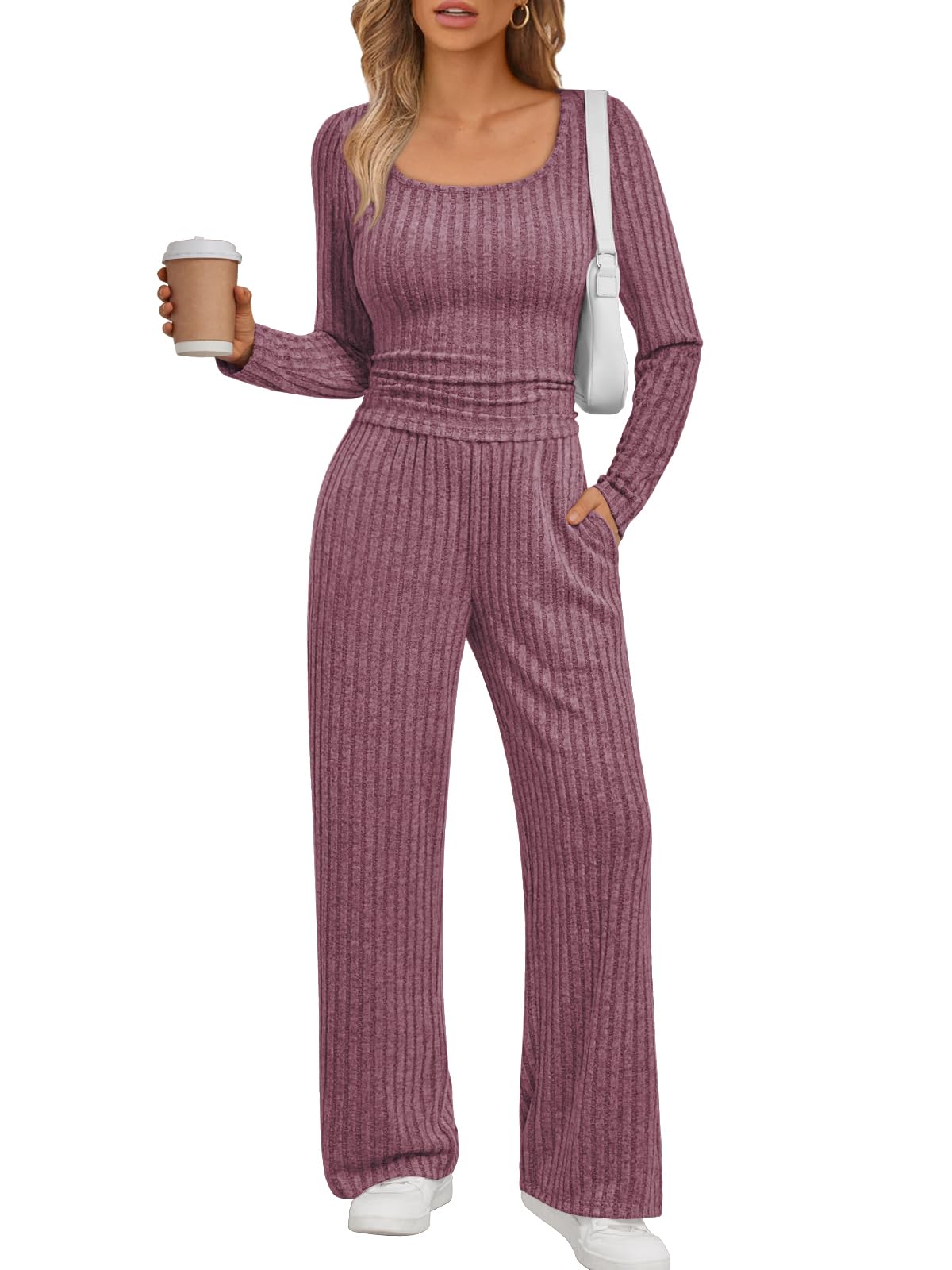 Photo 1 of LILLUSORY Womens Lounge Sets 2 Piece Outfits Long Sleeve Two Piece Pajamas Ribbed Knit Fall 2025 Outfits Casual Clothes WineRed S
