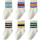 Wamvp Toddler Grip Socks with Non-Slip, Unisex Baby Retro Stripe Seamless Crew Ankle Cotton Socks for Girls Boys 6 Pairs