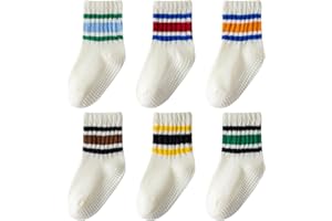 Wamvp Toddler Grip Socks with Non-Slip, Unisex Baby Retro Stripe Seamless Crew Ankle Cotton Socks for Girls Boys 6 Pairs