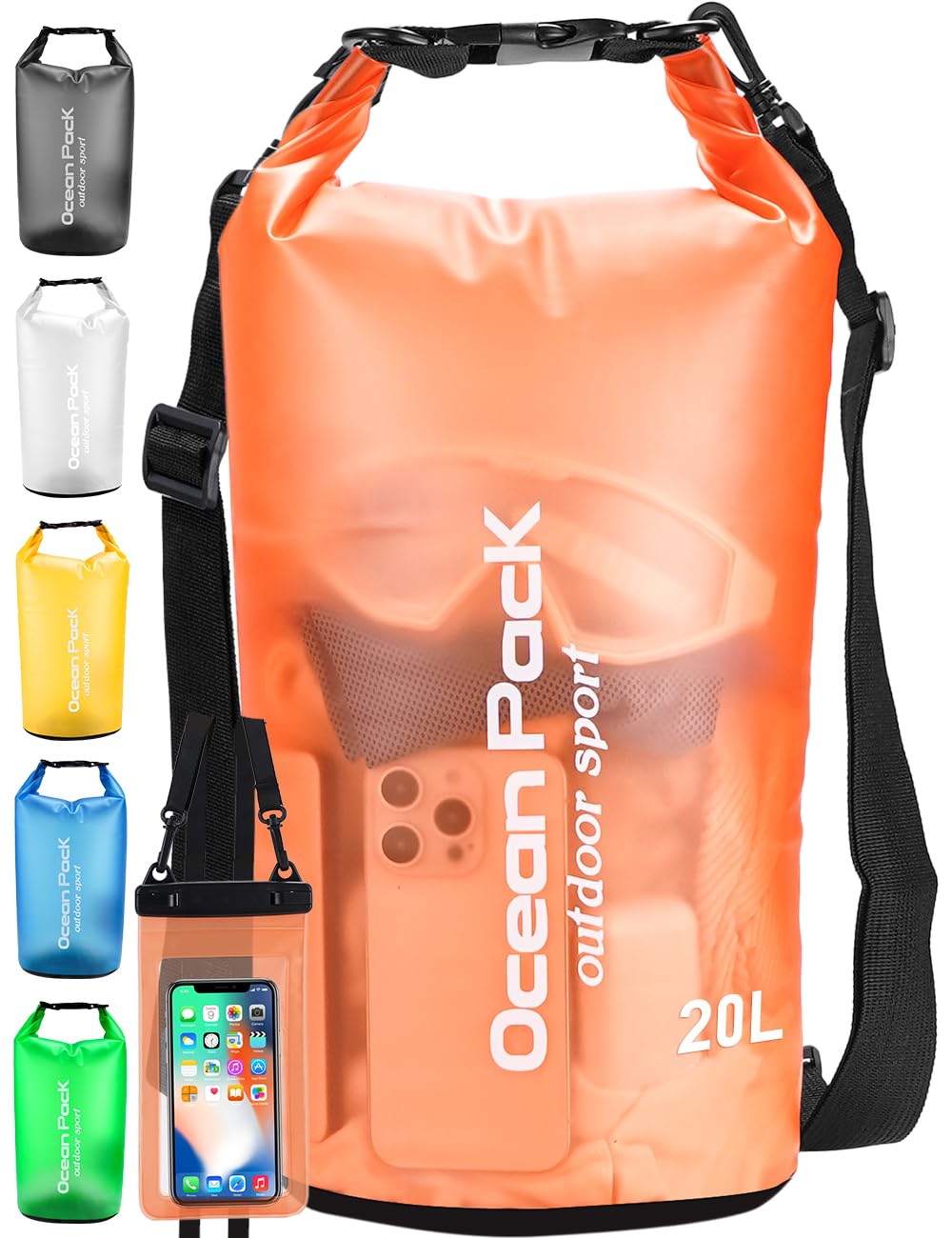 Henrycares Waterproof Dry Bag 20L 10L 5L, Sack with Phone Dry Bag and Long Adjustable Shoulder Strap Included, for Traval, Camping, Hiking, Swimming, Boating, Fishing