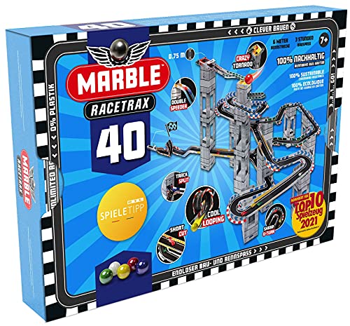 Marble Racetrax 869027 Marble Mania Racing Track Starter Set 40 Pieces, Marble Run with 6 Metre Track and 5 Marbles, Marble Run Craft Set, Construction Set Made of FSC Cardboard, Construction Set for