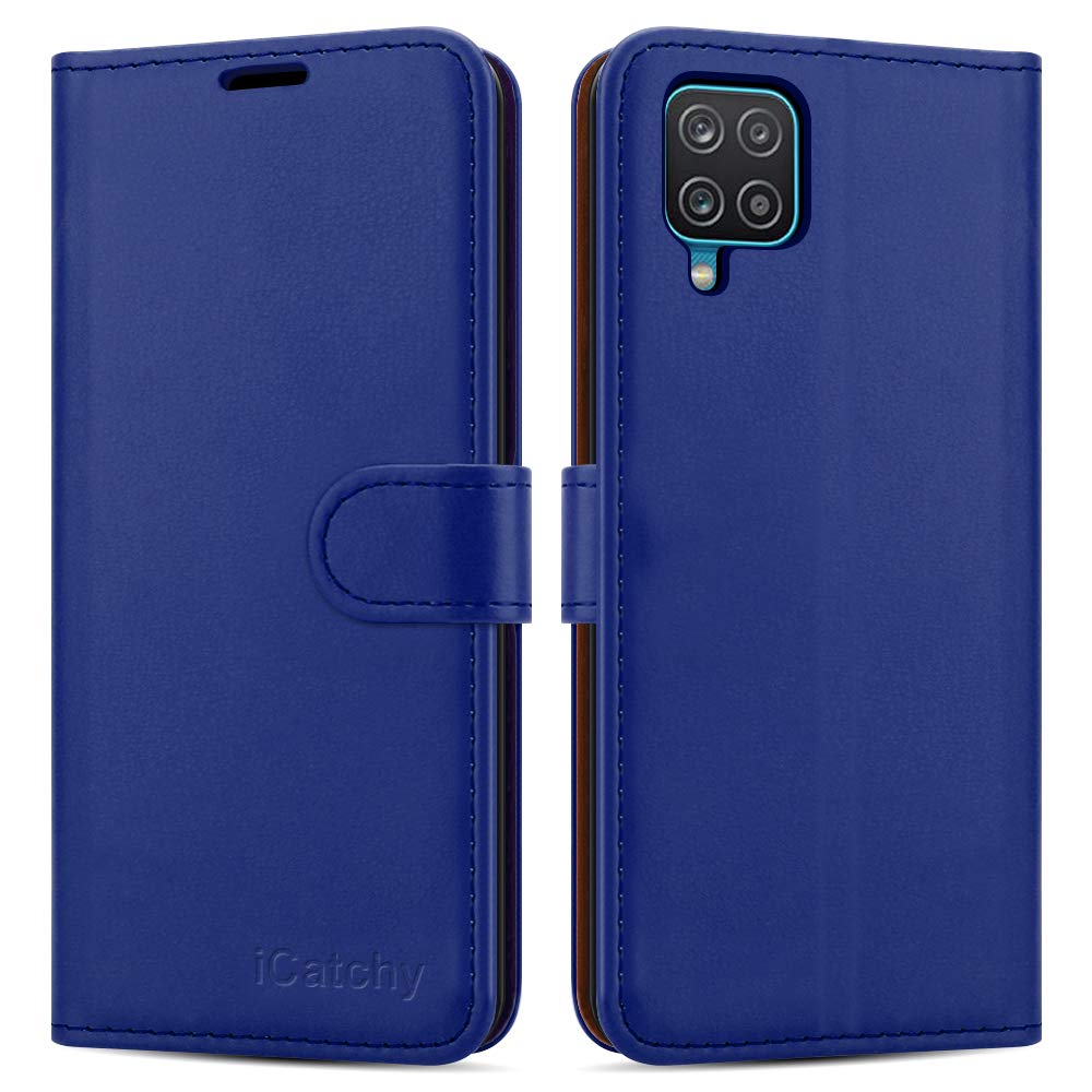iCatchy For Samsung Galaxy A12 Case Leather Wallet Book Flip Folio Stand View Cover with Card Slots Compatible with Galaxy A12 5G (6.5'') (Blue)