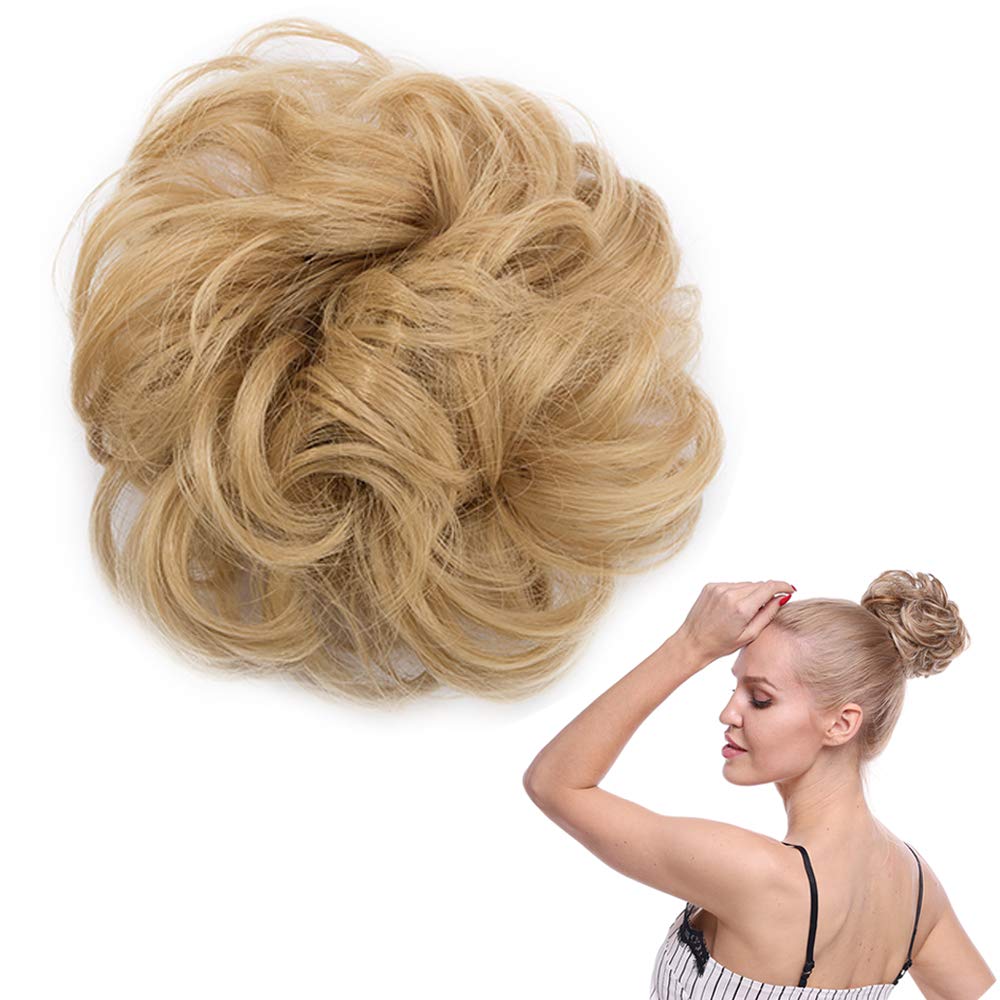 Messy Updo Scrunchy Hair Bun Extension - Dark Blonde to Ash Blonde Curly Hair Ribbon Ponytail Donut Chignon