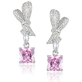 RIZILIA Bow 18K White Gold Plated Earrings for Women, Princess cut CZ [Simulated Pink Sapphire] Dangle Earrings, Trendy Jewelry Gift for Women