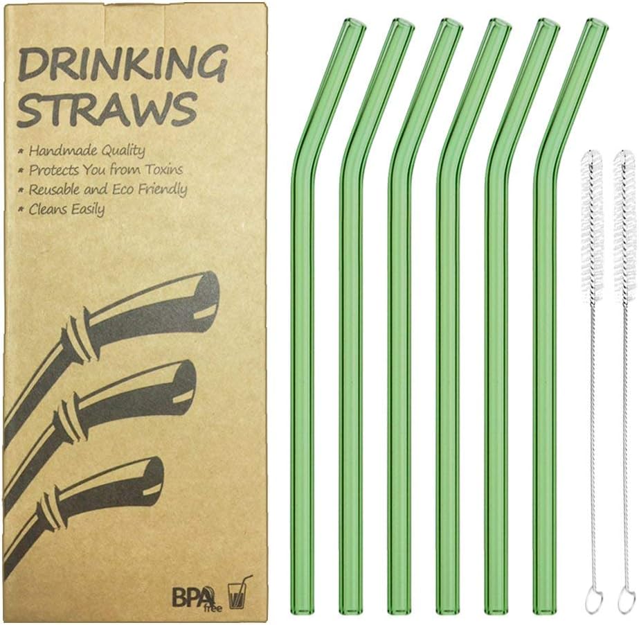 Reusable Bent Glass Drinking Straws, Set of 6 with 2 Cleaning Brushes,Shatter Resistant,BPA Free, Non-Toxic, Eco-Friendly, 200mm x 10mm (Bent 8'' x10mm, Green)