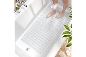 HITSLAM Bathtub Mat Non Slip, 89 x 40cm Long Bath Tub Mat, Machine Washable Bathroom Shower Mat with Suction Cups and Drain H