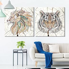 2 Panel Square Canvas Wall Art - Tribal Cats Wood Effect Canvas - Giclee Print Gallery Wrap Modern Home Art Ready to Hang - 12"x12" x 2 Panels