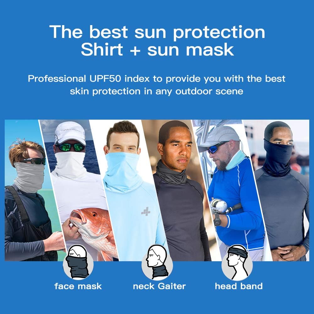 Sun Shirts for Men Long Sleeve UV Protection Fishing Shirts T-Shirt Outdoor Hiking UPF 50+ Neck Masks: Clothing