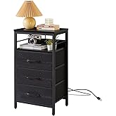 IBUYKE Nightstand with Charging Station,Side Table with Fabric Drawers, Bedside Table with USB Ports and Outlets, End Table for Bedroom, Living Room, Black UTNS001B