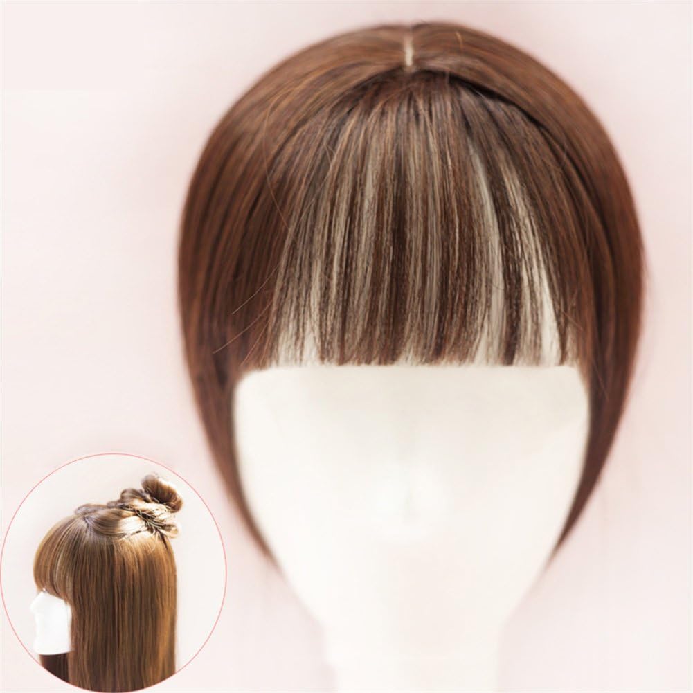 Remeehi 35cm Synthetic Seamless Hair Replacement Mono Hairpiece for Hair Loss Clip in Hair Topper with Flat Bangs Thin Light Brown - Image 4