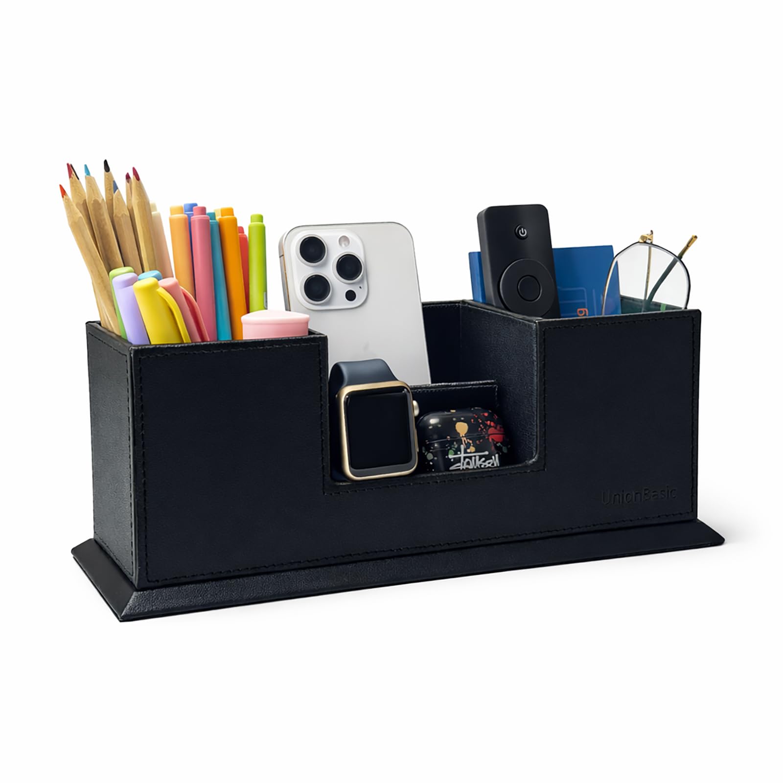 UnionBasic Desk Organiser - Dual Pen Holder - Leatherette Card Pencil Mobile Phone Office Supplies Holder Organizer (Black)