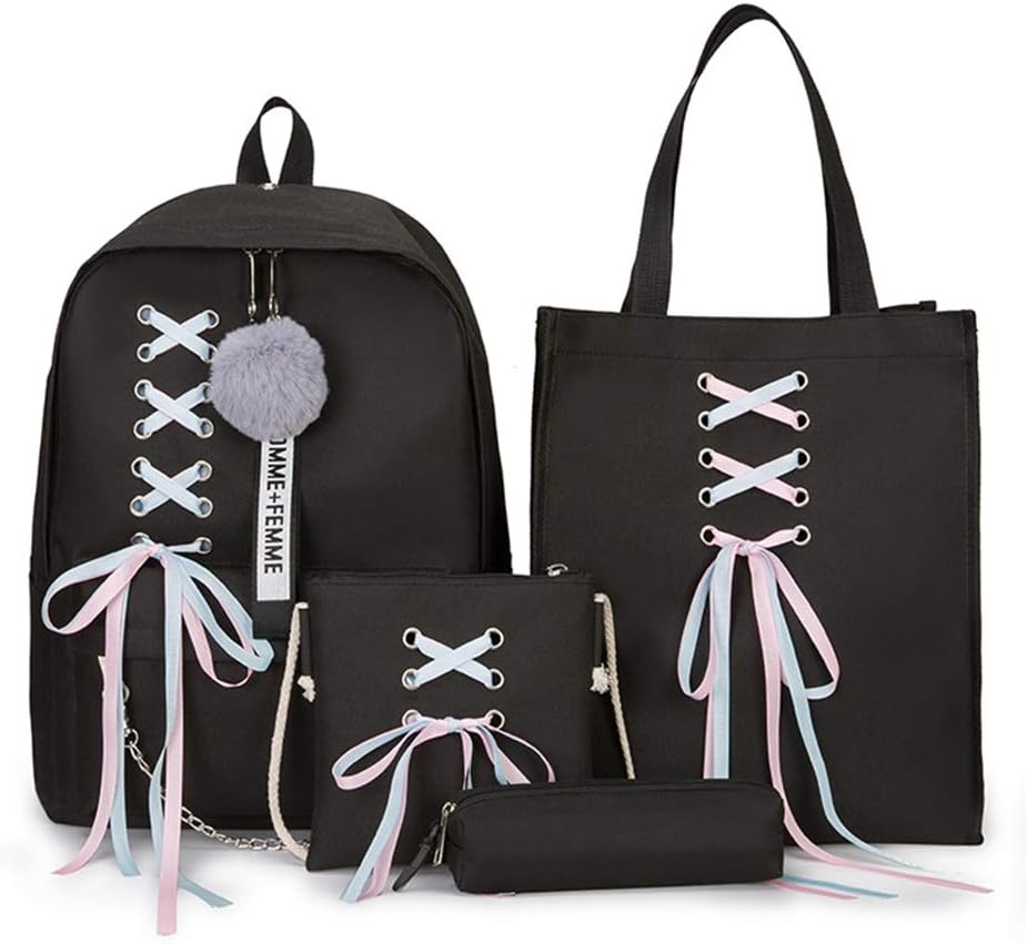 4 Pcs/Set Bowknot Ribbon Chain Backpacks Backpack Canvas Backpacks Leisure Travel Backpacks Backpacks For Teenage Girls School Bagpack