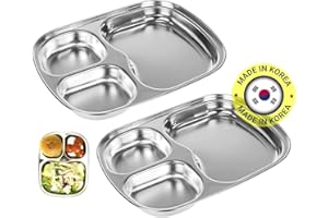 NEWTOKI Set of 2, Korean Stainless Steel Divided Plates, Tray, BPA Free, Diet Food Control, Camping Dishes, Compact Serving P