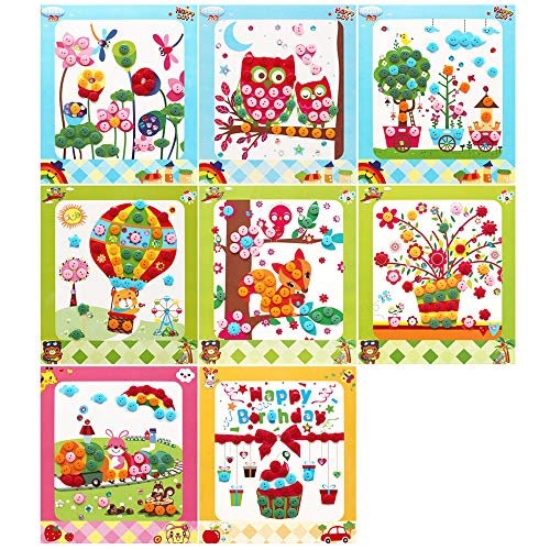 Lovyan Colorful Sticky Buttons and Diamonds Paintings Mosaic Sticker Art Sticky DIY Handmade Art Kits for Kids, Set of 8 (B)