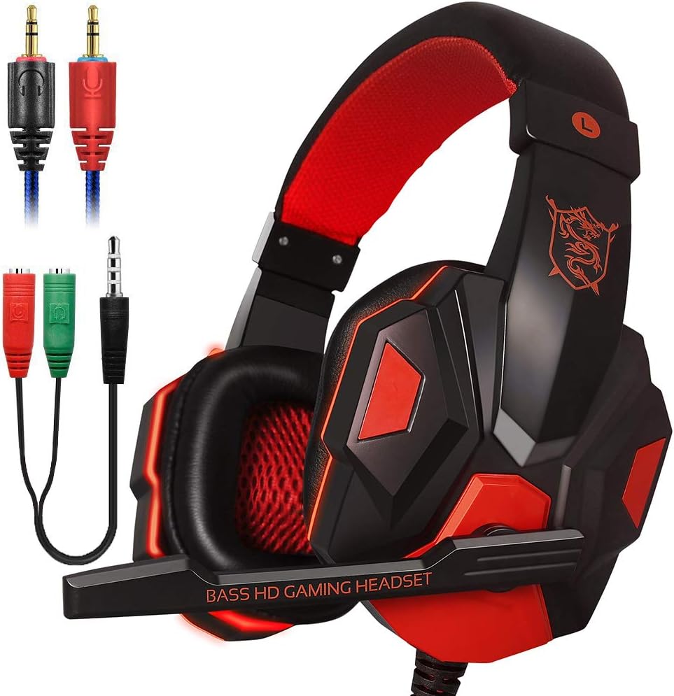 Xmowi 3.5 mm Wired Noise Isolation Gaming Headset and Audio Y Splitter Cable (1 Male to 2 Female) with Mic, Vol Control for Laptop Computer, Cellphone, PS4 (Red)