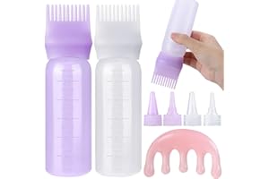Pimoys Hair Oil Applicator Bottle for Scalp, Root Comb Applicator Bottles Hair Dye Squeeze Bottle Coloring Tools，2 Pack (Purple, White) with 4 Pointed Mouth Cover and Massage Comb