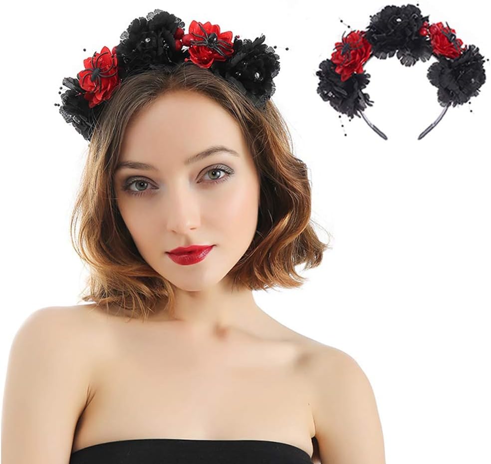 Lifreer Day of the Dead Halloween Costume Set include Headband, Black Veil, Lace Mask - Image 3