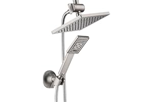 BRIGHT SHOWERS Rain Shower Head with Handheld Spray, 8 Inch Rainfall Shower Head Combo with 60" Hose, Adjustable Dual Square Showerhead Set with 3-Way Diverter, Wall Bracket, Brushed Nickel