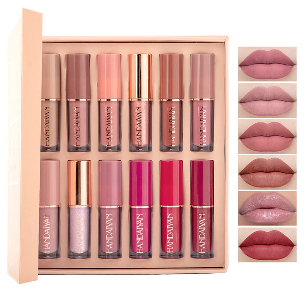 10Pcs Matte Liquid Lipstick with 2 Glitter lipstick Makeup Set, Matte Nude liquid Long-Lasting Wear Non-Stick Cup Not Fade Waterproof Lip Gloss Make up Gift Set