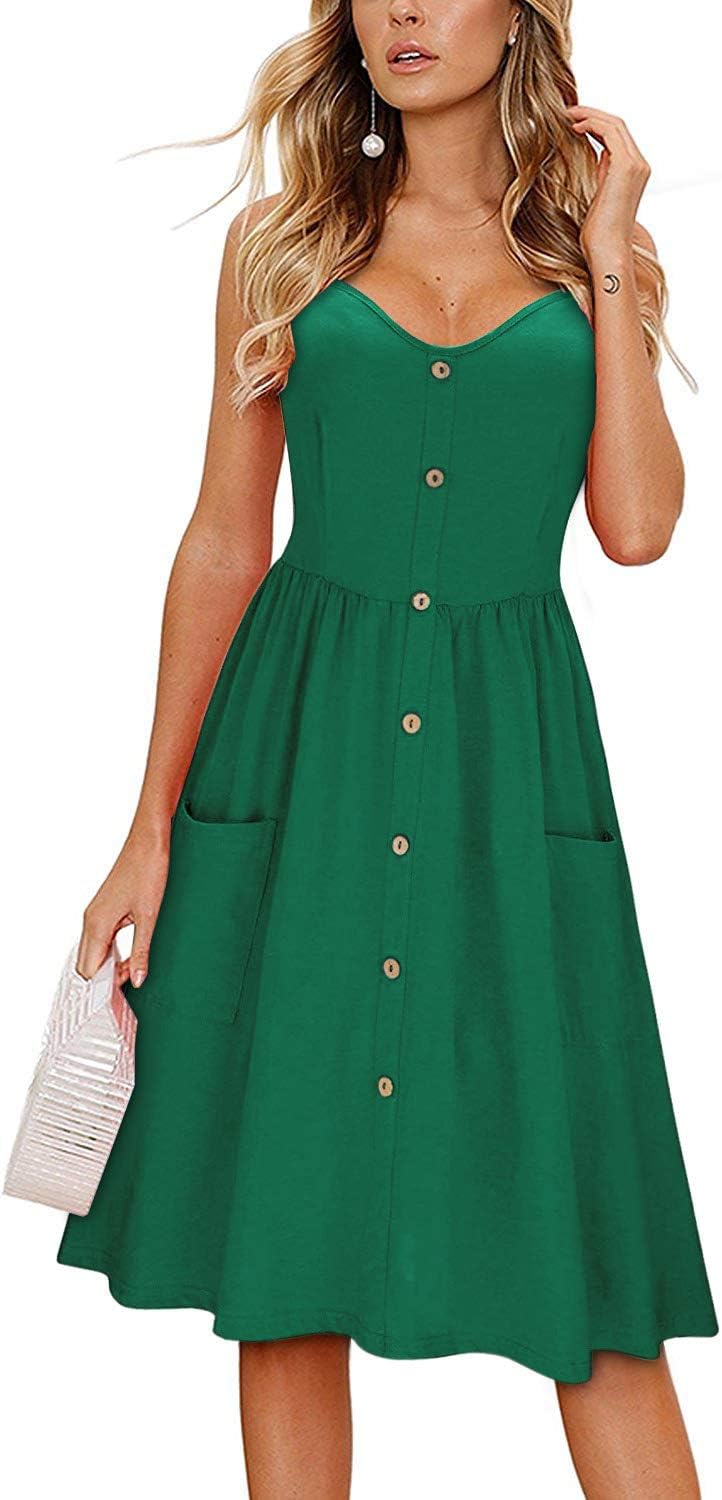 Women's Summer Casual Sundress Spaghetti Strap Button Dress with Pockets