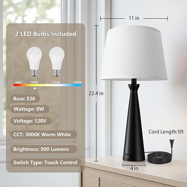 SEEALLE MODERN TABLE LAMPS SET OF 2 – TOUCH BEDSIDE LAMP FOR NIGHTSTAND WITH DUAL USB C+A,3-WAY DIMMABLE BLACK NIGHTSTAND LAMPS FOR LIVING ROOM BEDROOM END TABLE(BULB INCLUDED)