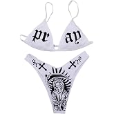 JUMISEE Women Skull Letter Pattern Goth Bikini Set 2 Piece High Waist Bandeau Swimsuit
