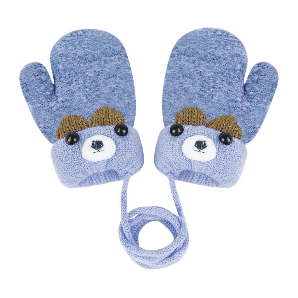 Kids Winter Knitted Gloves Cute Cartoon Bear Hang Neck Mittens Newborn Unisex Baby Warm Mittens Thicken Cashmere with Rope Mitten Thermal Full Finger Wrist Glove Boy Girls 0-3 Years Gift (Blue)